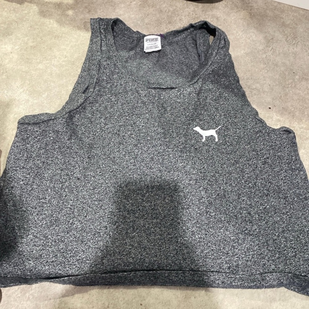 PINK cropped tank gray workout white logo sz large‎
